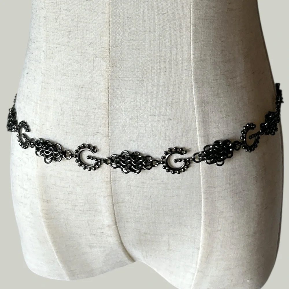 Vintage Silver Black Chain Link Belt “G” Monogram Adjustable Size L 37.5” NWOT
